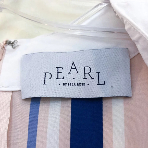 PEARL by Lela Rose Striped Ruffle Sleeve Pink Blue Designer Sheath Mini Dress S - Picture 6 of 10